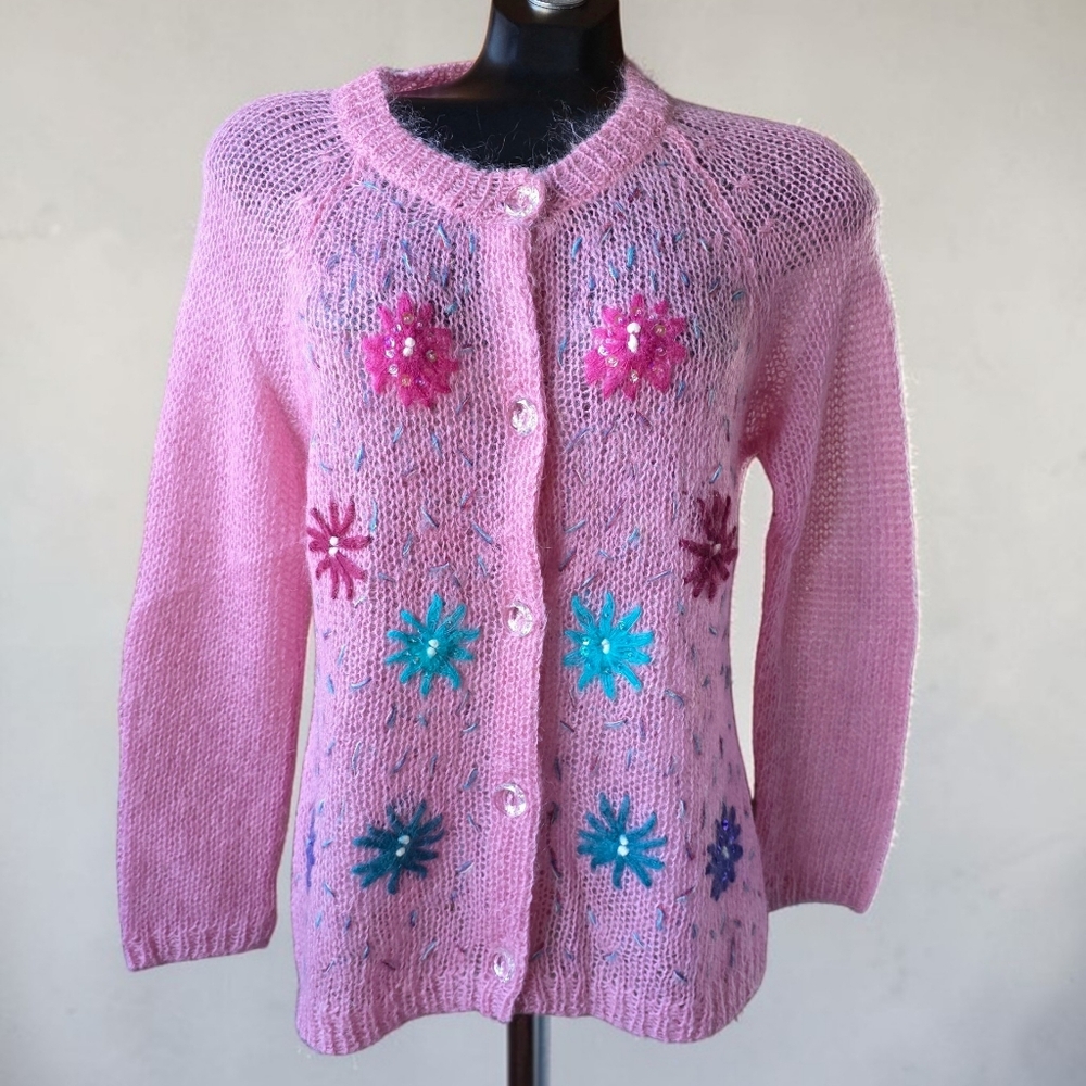 Kenzie Vtg Loose Knit Pink Floral Women's Cardigan Sweater